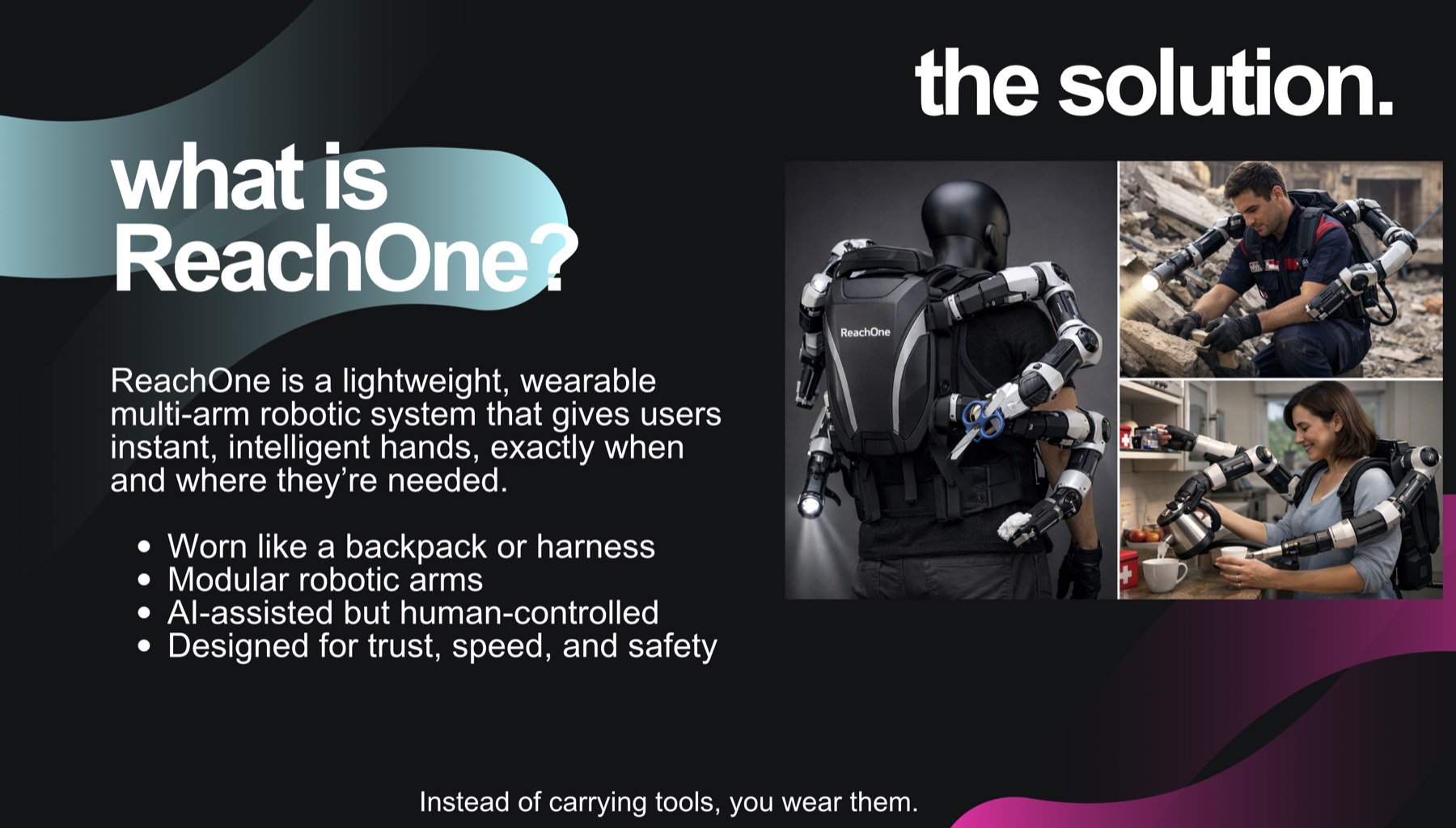 Slide describing ReachOne: a lightweight wearable multi-arm robotic system worn like a backpack, with modular arms, AI-assisted but human-controlled